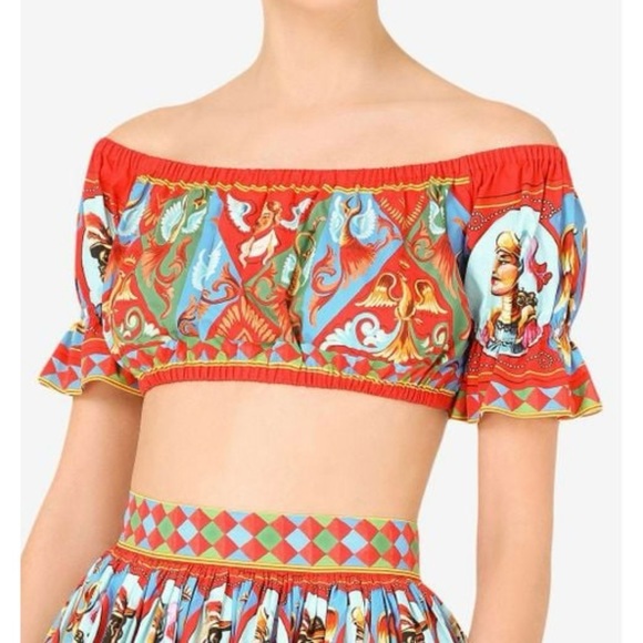 DOLCE & GABBANA CARRETTO PRINT OFF-SHOULDER COTTON CROP TO BRAND NEW TAGS ON - Picture 7 of 11